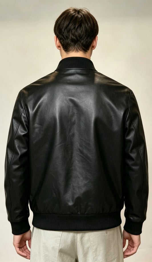 Black PU Leather-Look UHMWPE Stab-Resistant Bomber Jacket