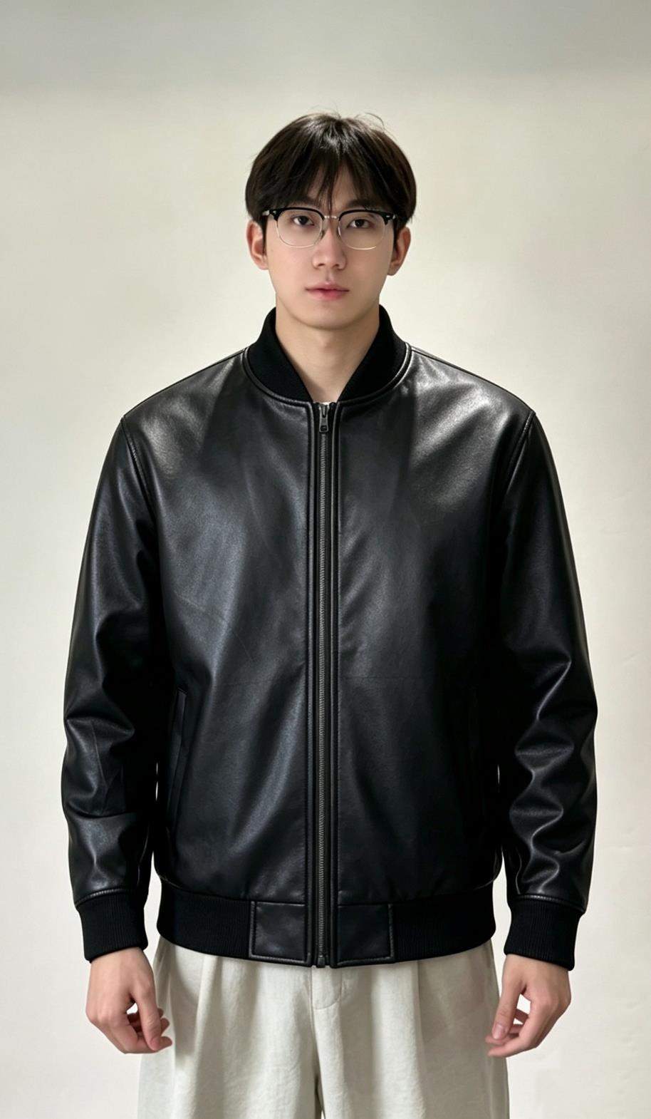 Black PU Leather-Look UHMWPE Stab-Resistant Bomber Jacket
