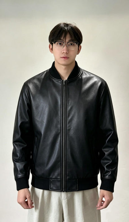 Black PU Leather-Look UHMWPE Stab-Resistant Bomber Jacket