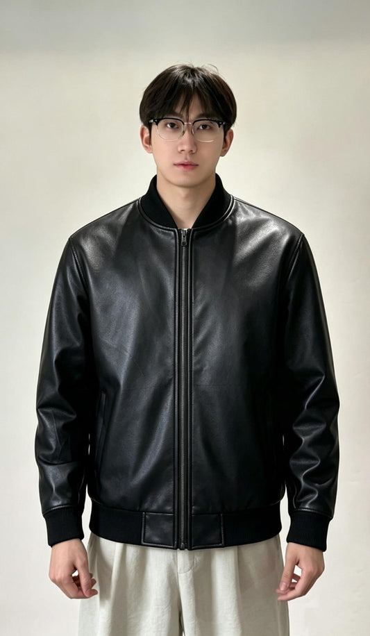 Black PU Leather-Look UHMWPE Stab-Resistant Bomber Jacket