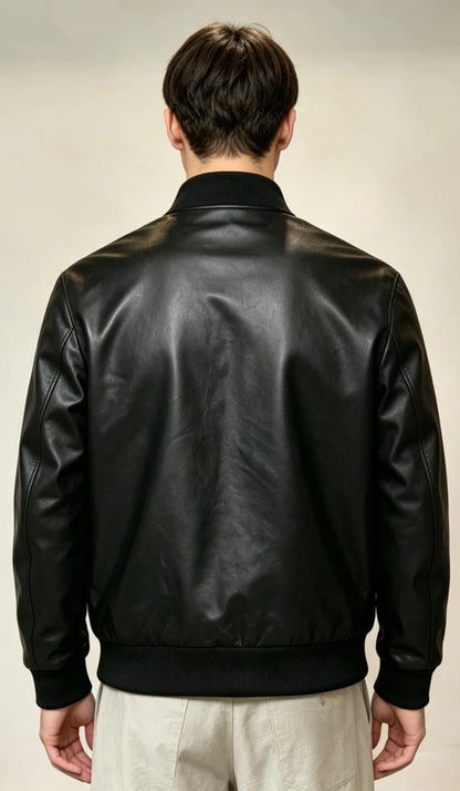 Black PU Leather-Look UHMWPE Stab-Resistant Bomber Jacket